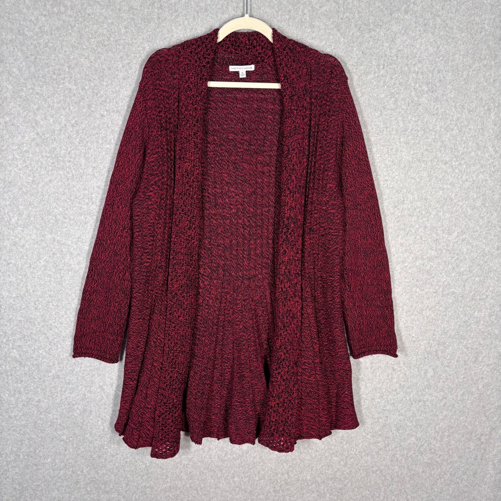 Notations‎ Cardigan Duster Sweater XL Red Black Open Chunky Knit Crochet Marled